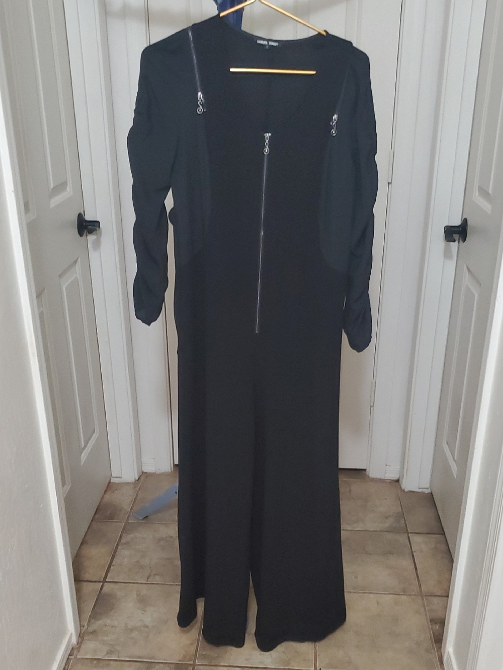 Samuel Dong Black Long Sleeve Maxi Dress with Front Zipper Detail